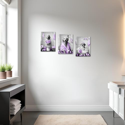 Image of sechars Funny Dogs Bathroom Wall Art Grey and Purple Bath Decor Cute Animal Painting Canvas Print (Purple)