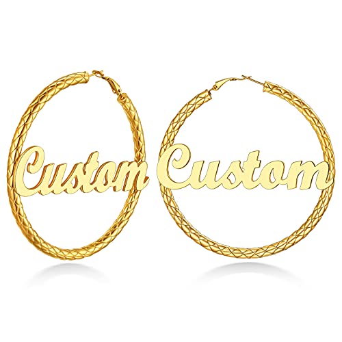 Custom4U Bamboo Hoop Earrings for Women Gold/Silver/Black Large Name Earrings Personalized - Hypoallergenic Lightweight Big Thick Hoops 30/40/50/60/70/80mm - Custom Made Birthday Christmas G