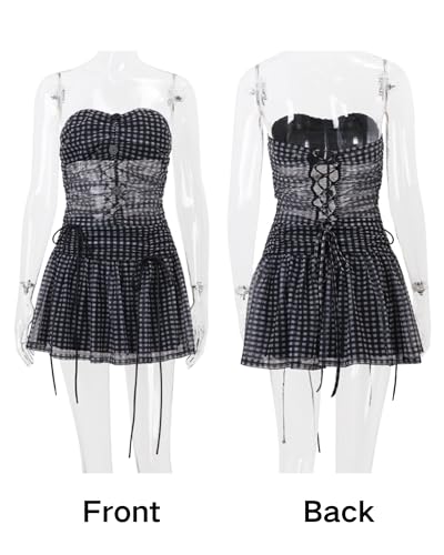 CORIRESHA Women's Sexy Sheer Gingham 2-Piece Suit Drawstring Tube Top and Mini Skirt Go Outing Set4