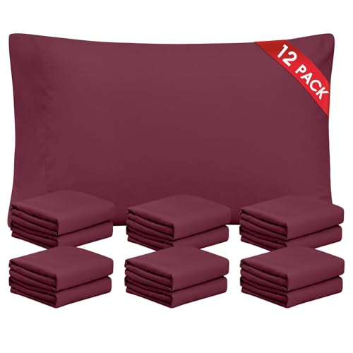 FreshCulture Burgundy Pillowcases Queen Size 12 Pack - Bulk Pillowcase Set - Envelope Closure - Soft Brushed Microfiber Fabric - 20x30 Inches Pillow Case Set of 12 for Home, Hotels, Schools