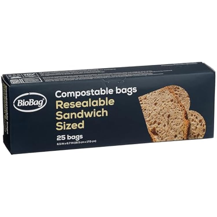 BioBag 100% Certified Compostable Resealable Sandwich Bags, 25 Count, Perfect for Lunches, Snacks, and On The Go Green