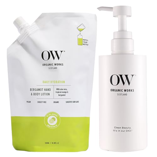 Organic Works Bergamot Hand & Body Lotion Starter Pack 500ml – 99.99% Natural 24hr Calming & Moisturising with Aloe Vera, Orange Peel Oil & Shea Butter – Soft, Supple, Dry Skin Protective Care