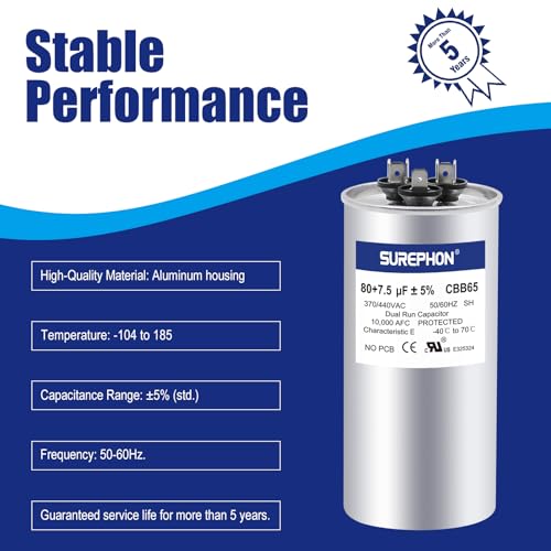 SUREPHON 80+7.5 uF 80/7.5 MFD ±5% 370V/440VAC Dual Run Start Capacitor CBB65 Works for AC Unit Fan Motor Start or Heat Pump or Condenser Straight Cool - Thumbnail 3