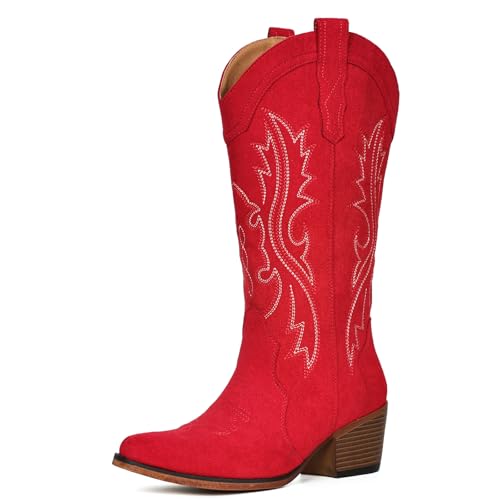 Image of IUV Cowboy Boots For Women Western Cowgirl Boots Mid Calf Snip Toe | Chunky Heel Ideal for low insteps