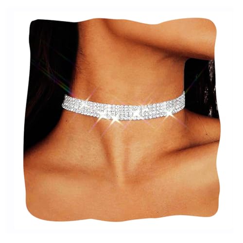 JAKAWIN Diamond Choker Necklace Silver Rhinestone Chokers Jewelry for Women (4 Row)
