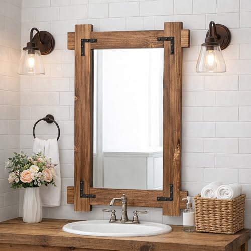 Vercraft 20 x 30 Inch Rustic Mirror for Bathroom, Wooden