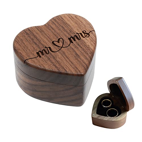 URBAN KRAFTS Wedding Ring Box for Wedding Ceremony, Ring Bearer Box, Wooden Heart Ring Box Engraved (Mr and Mrs Walnut Wood)