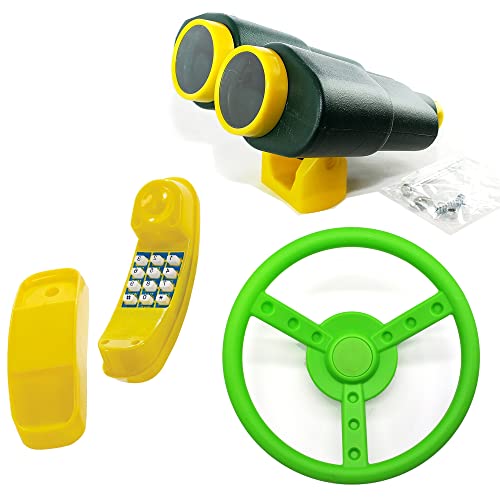 GK Zubehör-Set z.B. für Spielturm mit gelbem Telefon, grünem Fernglas XL und Steuer-/ Lenkrad in der Farbe (apfelgrün)