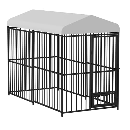 GarveeHome 8×4×6FT Large Heavy Duty Outdoor Dog Kennel, Weatherproof Metal Dog Cage with Lock, Rotating Stainless Steel Feeding Bowl & Waterproof Ro