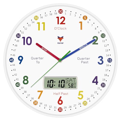 Foxtop 14" Digital and Analog Learning Clock for Kids -Teaching Clock White