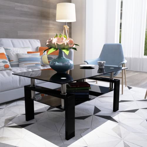 Tansole Rectangle Glass Coffee Table,Glass Coffee Tables For Living Room,Rectangle Clear Coffee Table For Home Office Or Conversation Leisure Occasions,Rectangle Glass Cocktail Table,Wooden Leg,Black #TOP4