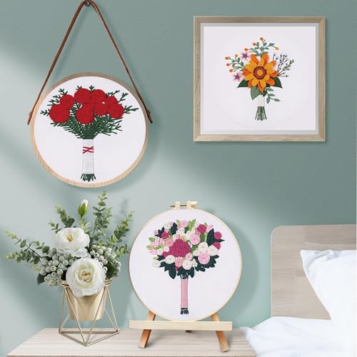 Image of TGFXA 5 Pack Beginner Embroidery Kit for Adults Spring Adult Craft Kits Cross Stitch with Flower Stamp Patterns Punch Needle Kits Adults Beginner Includes Rose Sunflower