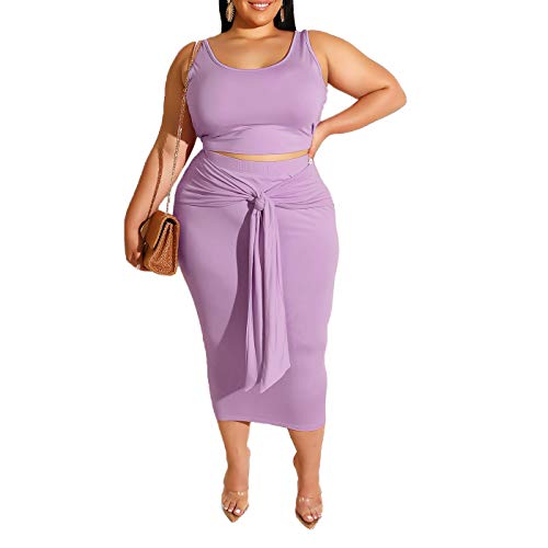 Womens Sexy Plus Size Two Piece Outfits - Floral Print Tank Tops + Belted Summer Bodycon Long Dresses Skirts Set Purple Solid 3XL