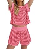 Missactiver 2 Piece Lounge Set Women Stripe Knit Short Sleeve Tee Shirts Shorts Casual Summer Loungewear Shorts Sets