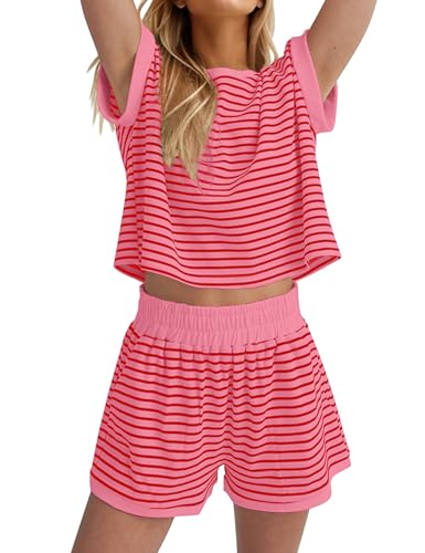 Image of MISSACTIVER 2 Piece Lounge Set Women Stripe Knit Short Sleeve Tee Shirts Shorts Casual Summer Loungewear Shorts Sets