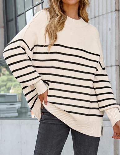 ZESICA Women's Fall 2025 Casual Long Sleeve Crew Neck Side Slit Oversized Ribbed Knit Pullover Sweater Tops3