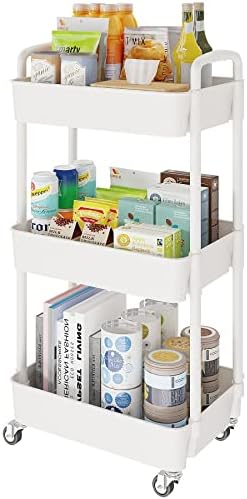 Laiensia 3-Tier Storage Cart,Multifunction Utility Rolling Cart Kitchen Storage Organizer,Mobile Shelving Unit Cart with Lockable Wheels for Bathroom,Laundry,Living Room,With Classified Stickers,White