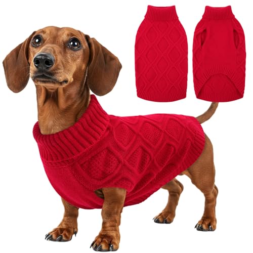 KONVINIT Hundepullover Winter für Kleine Hunde Warm Elastisch Hunde Sweater mit Rollkragen für Chihuahua Yorkshire Terrier,Zopfstrick-Muster in Rot