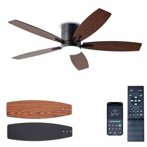 Image of Ayaoty Ceiling Fans with Lights, 52 inch Low Profile Indoor Ceiling Fan with Light and Remote Control, Dimmable, Noiseless, Reversible, Brown Ceiling Fan for Bedroom, Indoor /Outdoor Use
