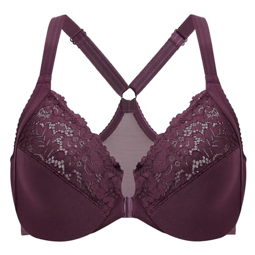 Delimira Women's Front Fastening Bra Racer Back Lace Plus Size Non Padded Underwired Currant 36DD
