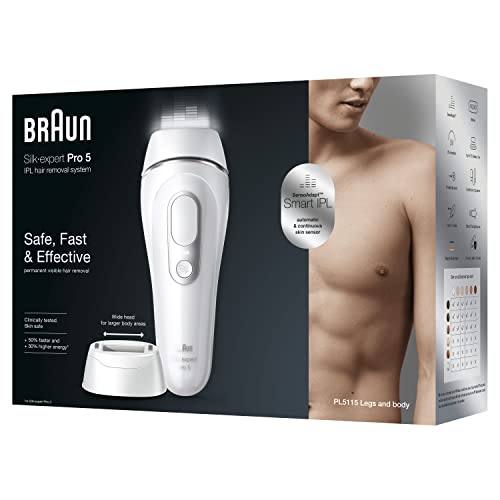 Braun Silk-expert Pro 5 Depiladora Corporal Mujer/Hombre Luz Pulsada IPL,Cabezal de Precisión y Maquinilla de Afeita, Alternativa a la Depilación Láser, Regalos para Hombre, PL 5115, Blanco Y Plateado