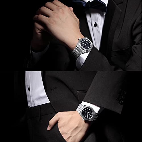 Image of Automatic Mechanical Wrist Watch for Men with Star Dust Dial, Fashion Self-Winding Watches for Men Stainless Steel Waterproof Luminous Sapphire Crystal Mens Watches with Auto Date (Silver)