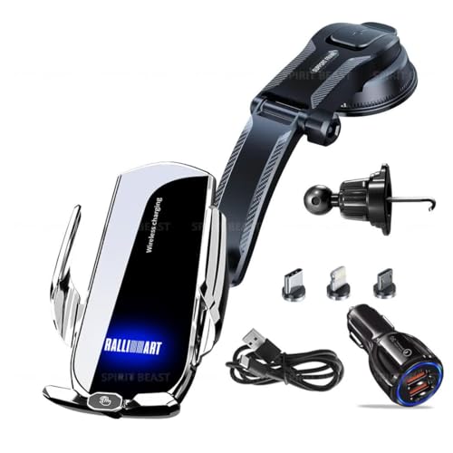 車載スマホホルダー RALLIART 三菱 車載ワイヤレス充電器 ナノ吸盤 スマートリコグニション 機種を問わず スーパーファストチャージ 自動開閉 秒速センシング 360度回転 (RALLIART,シルバー)