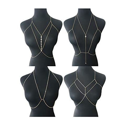 Tornito 4Pcs Bra Chain Sexy Belly Waist Chain Pendent Necklace Summer Beach Bikini Body Chain Jewelry for Women Girls Gold Tone Cover
