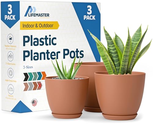 Terracotta Plant Pots with Drainage Holes & Saucers 3 Pack, Indoor & Outdoor Stackable Space-Saving Planters for Houseplants & Flowers, (7", 6.7", and 6" Inches), Durable & Weatherproof Materials