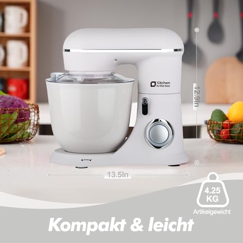 Kitchen in the box Küchenmaschine, 4,5 L & 5 L Knetmaschine, 10+P Geschwindigkeits Teigmaschine mit Knethaken, Rührhaken und Schneebesen, 1300 W, Weiß - 6