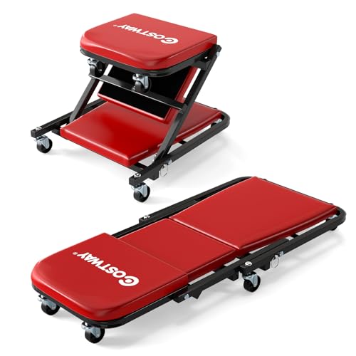 COSTWAY Chariot de Visite Pliable, Tabouret d'Atelier Convertible avec Siège Rembourré & 6 roulettes, Planche de Travail Mécanicien pour Garage Réparation Automobile Entretien, Charge 150 kg (Rouge)