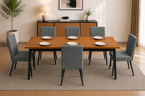 Image of Rosebell 6 Seater Dining Table Set with Cushioned Chairs | Modern Dining Table for Home, Dining Room & Kitchen | Black Metal Legs | Grey