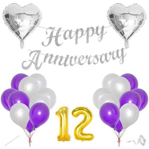 Image of Flyloons 12th Happy Anniversary Decoration Items Purple for Men Women Husband Wife Mom Dad Parent Couple Home Bedroom Car With 20 Pcs Metallic Balloons Anniversary Banner 2 Pcs Heart Set Kit