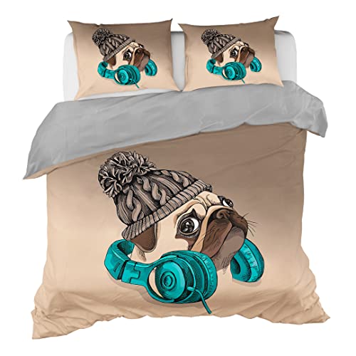 Hommomh Cute Dogs Bedding Duvet Cover Set Cartoon Funny Mr. Dog Listening To Music Pug Print For Kids Boy Girl Teen, 1 Duvet Cover With 2 Pillowcases, Easy Care, Full Size #TOP10