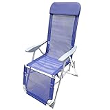 Respaldo ajustable en 5 posiciones con reposapies. Lona textil color azul. Silla plegable con reposabrazos.