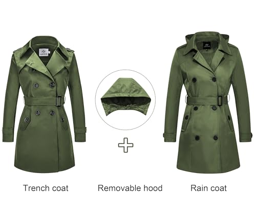 FARVALUE Women's Waterproof Trench Coat Double Breasted Windbreaker Classic Belted Lapel Overcoat with Removable Hood Army Green XX-Large