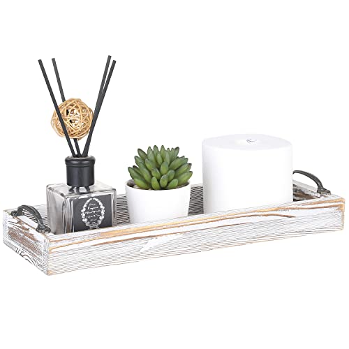 MyGift Weathered White Solid Wood Toilet Tank Tray, 16 Inch Rectangular Bathroom Vanity Tray with Aged Bronze Metal Handles by MyGift - Used condition - US$18.26