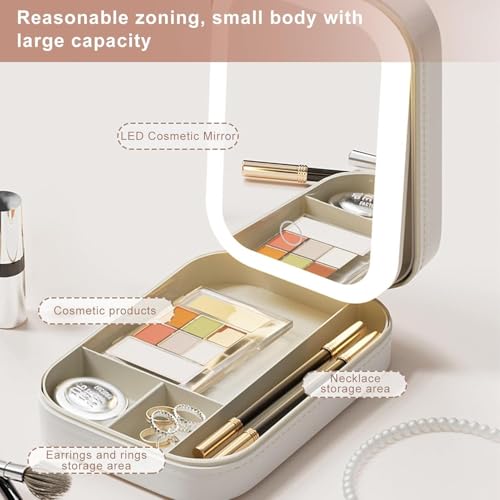 Image of LED Lighted Makeup Mirror Jewelry Box - Portable 2-in-1 Travel Organizer with Adjustable Lighting, Cosmetic Storage & Rechargeable Battery - Compact Vanity Mirror for Women (White)
