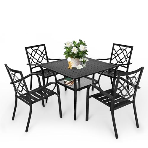 5-Piece Outdoor Wrought Iron Chairs and Table Patio Dining Furniture Set - 4 Stackable Metal Chairs, 1 Steel Slat Bistro Table for Garden Backyard Deck