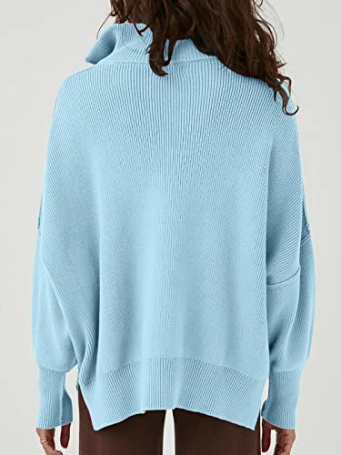 Prinbara Women's Half Zipper Sweatshirt Drop Shoulder Long Sleeve Collar Slit Oversized Pullover Sweaters By09-5Pa66-Danlan-S Light Blue #TOP4