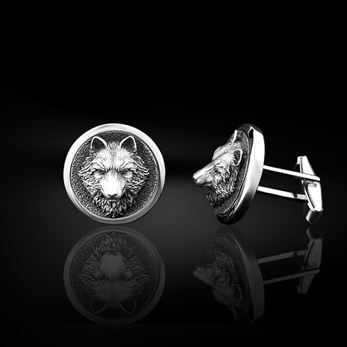 Mancuernillas hombre diseño lobo plata esterlina baño oro miniatura 4