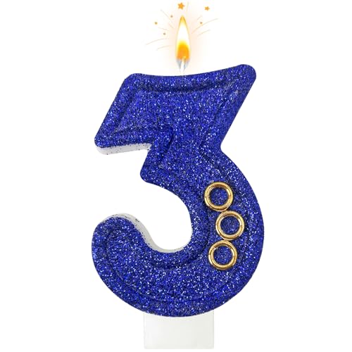 Zailo Blue Gold Ring Number Birthday Candle Glitter Gold Ring Hedgehog Theme Number Candle Cake Decoration Suitable for Birthday Decoration Anniversary Party Supplies (3, Deep Blue)