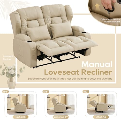 Image of IPKIG 54.2 inch RV Loveseat Recliner Sofa, Leathaire Fabric Wall Hugger Reclining Chair with Cup Holder and Side Pockets, Home Theater Seating Manual Recliner for Living Room (Beige, Loveseat)