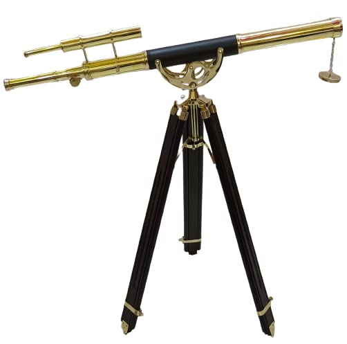 Maritime Telescope Wooden Tripod Stand Harbor Master Shiny Brass Double Barrel Telescope