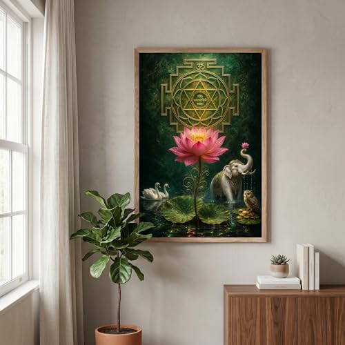 Image of Livin'luxe Shree Yantra Lotus Elephant Wall Painting for Living Room Bedroom Pooja Room Decor with Premium Wooden Color Synthetic Frame, Spiritual Art Gift (13.5 x 19.5) NM01-4083