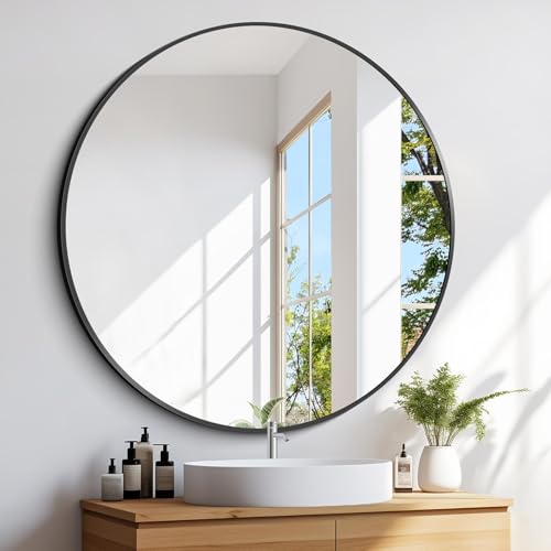 CIVENO Black Round Mirror 39 inch Large Circle Mirror, Aluminum Alloy Metal Frame Bathroom Mirror, Round Wall Mirror, Circle Mirrors for Wall Entryway Bedroom Living Room