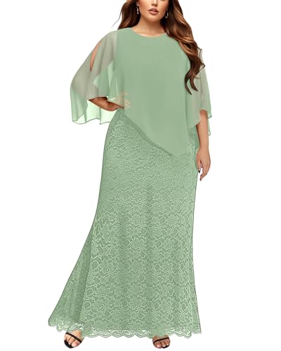 Damen-Cape-Kleid in Übergröße mit Chiffon-Overlay-Kleid, formell, Abendkleid, Spitze, lang, Meerjungfrauenkleider 2024, Salbeigrün, 52 Mehr