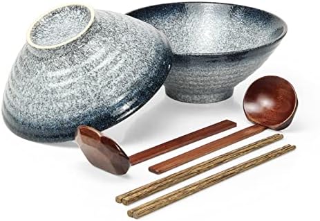 2 Set Tableware Ceramic Ramen Bowl - Japanese Noodles Bowls Dinner Sets for Pasta Soup Pho Mixing Salad Dishes Snack cereal Food with Spoons Chopsticks Kit 1000 Ml for New Home House Warming Gifts
