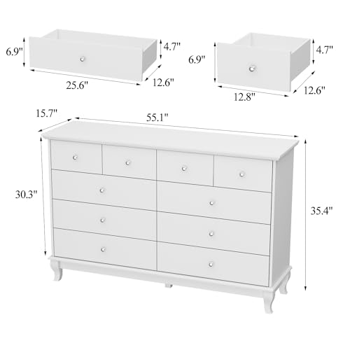 White Dresser 10 Drawer Dresser Wood Bedroom Dresser Chest of Drawers for Nursery Storage Drawer Organizer with Easy Pull Handle for Living Room Closet Hallway