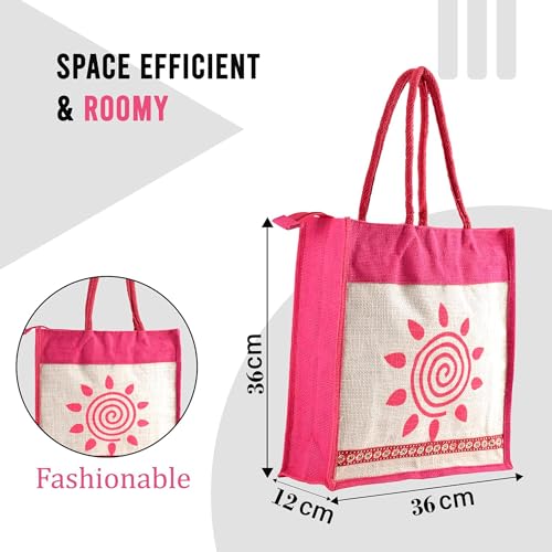 Image of Kuber Industries 3 Pcs Jute Medium Shopping Bag for Women with Handle | Reusable Carry /Shopping Bag for Grocery | Sunflower Print - Cream & Pink
